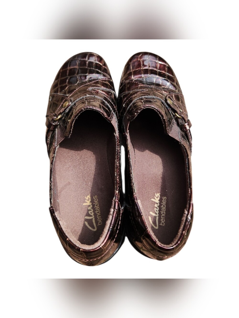 Womens Size 8M Clarks Bendables Brown Patent Croc Print Embossed Loafers Office - Picture 5 of 9